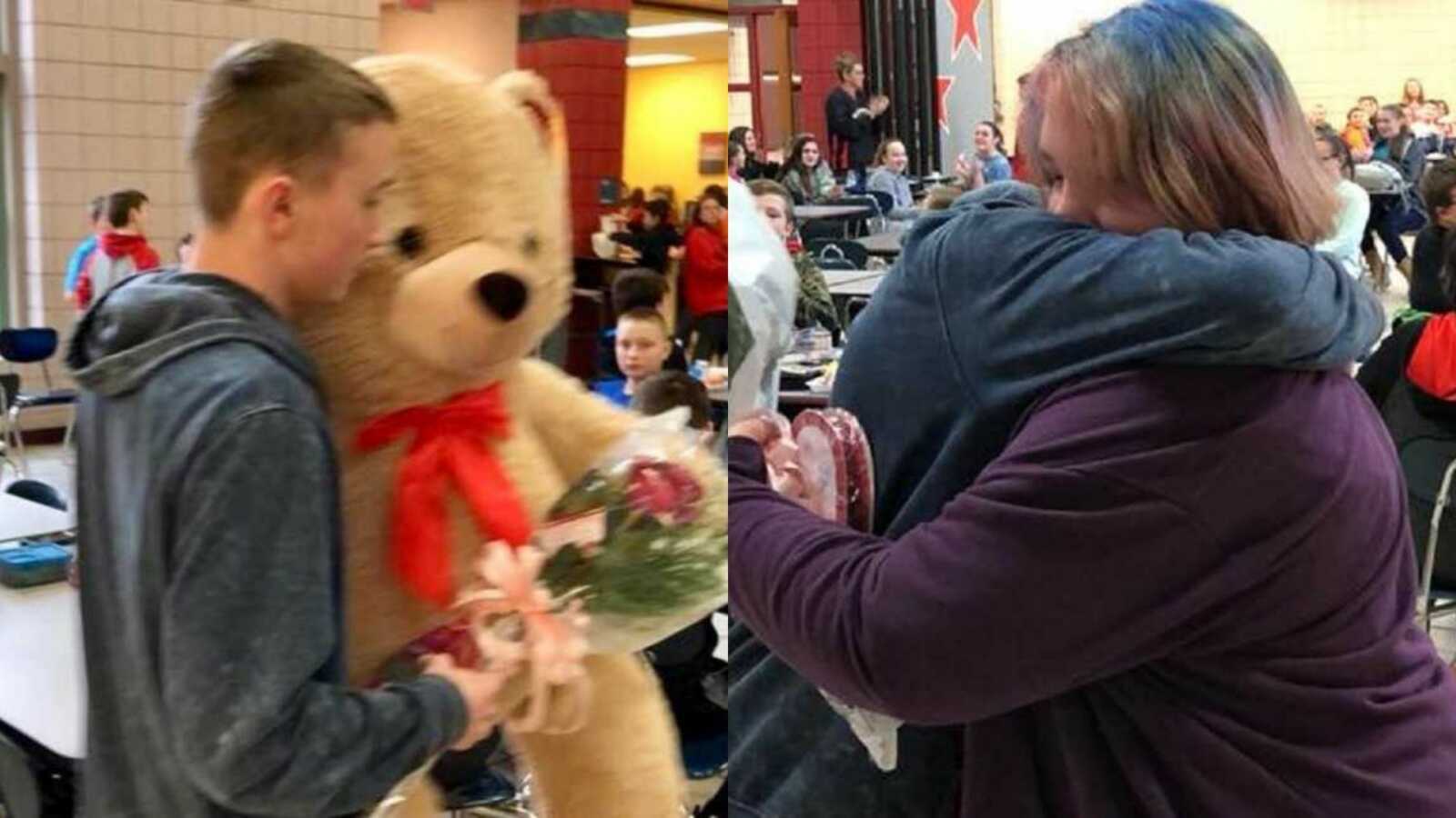 boy gifts bullied girl a teddy bear and flowers at school after she is bullied on Valentine's Day