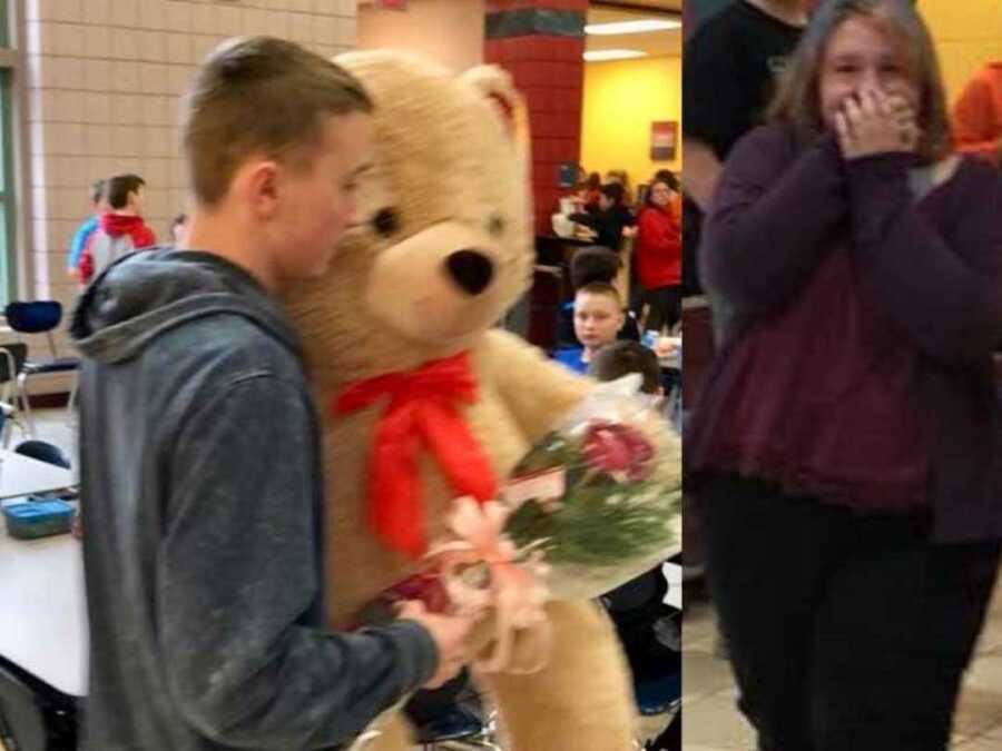 side by side of teen boy walking with large stuffed bear and bouquet of flowers and teen girl holding hands over mouth
