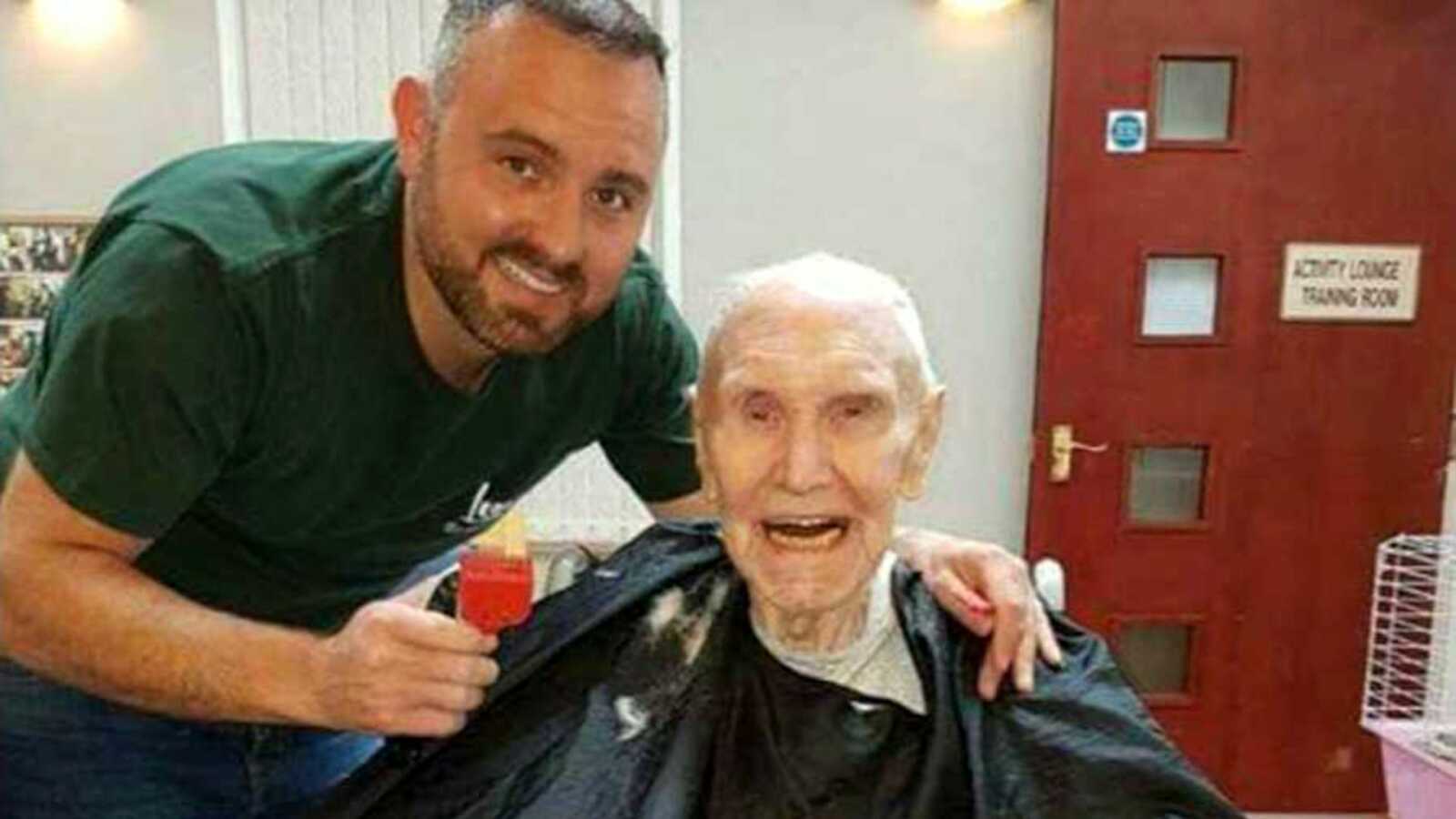 Old woman with dementia getting haircut from barber