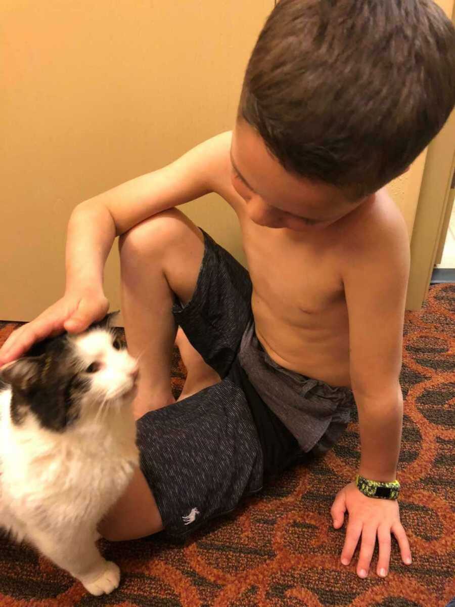 Little boy petting cat on carpet