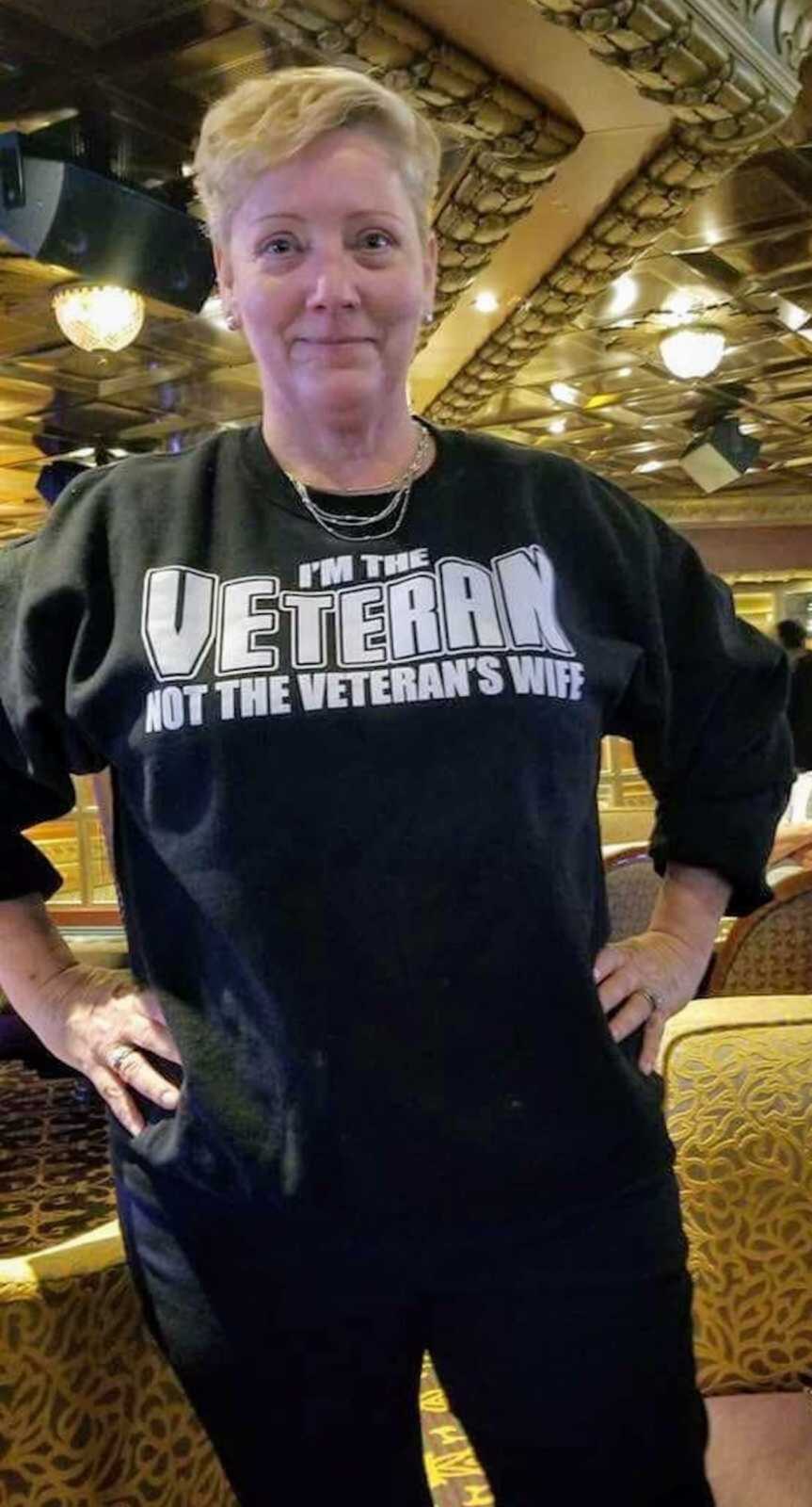 Woman Navy veteran wears shirt that says 'I'm the veteran. Not the veterans wife.'