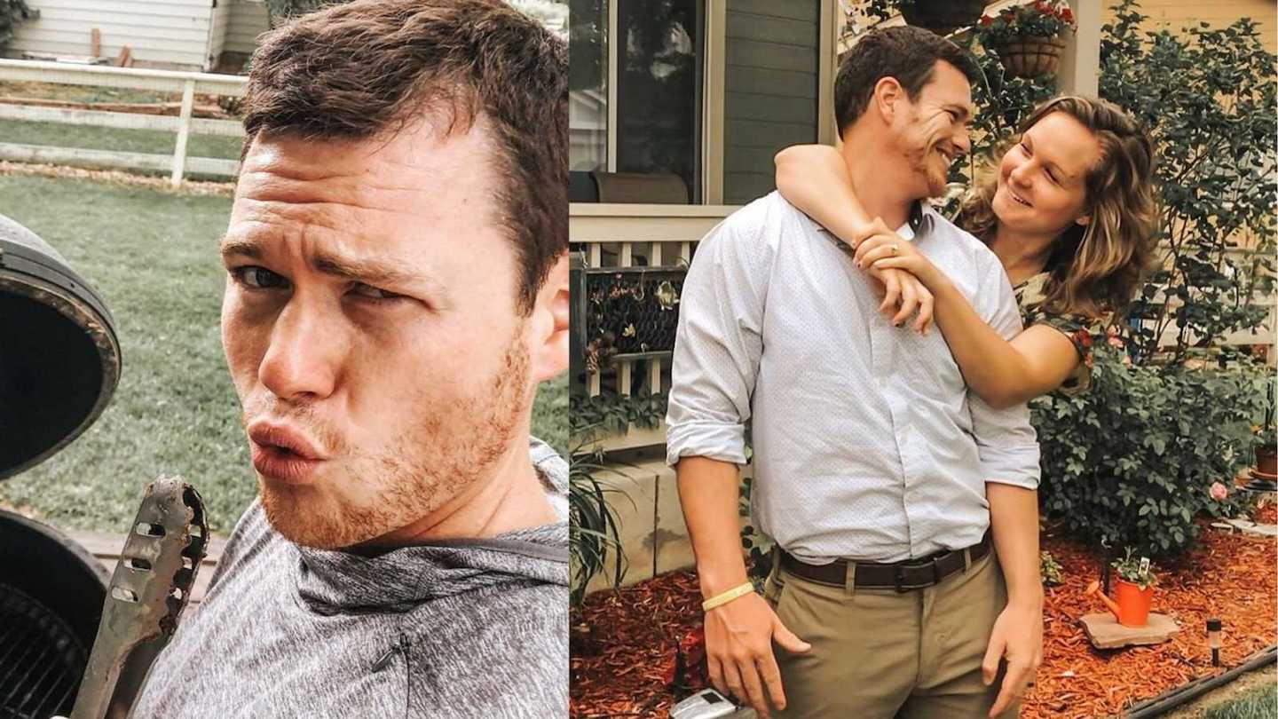 husband makes a silly face while grilling, wife hugs husband from behing