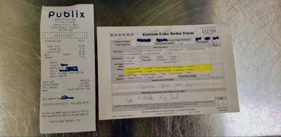 Publix receipt and cake order form 