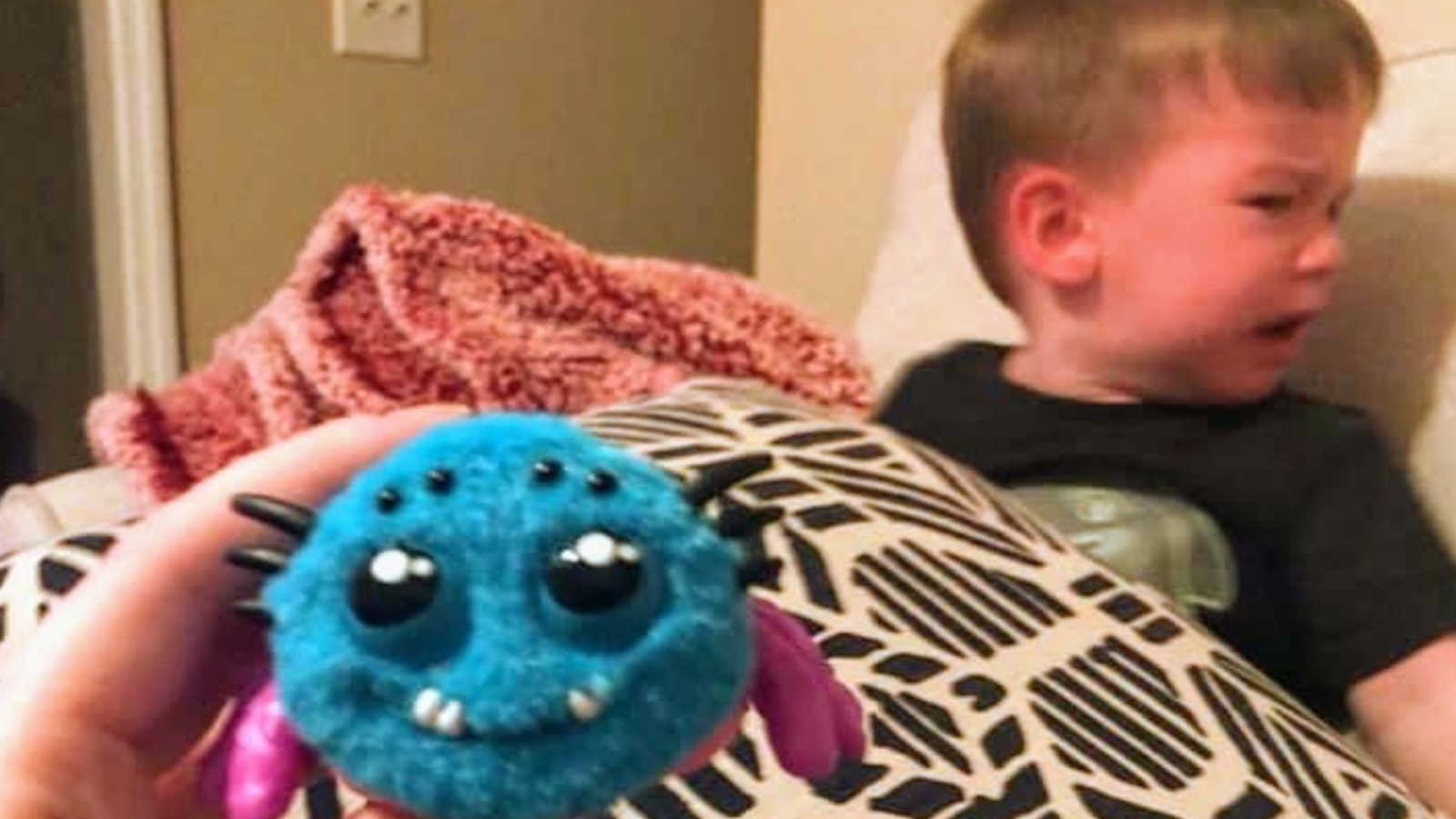 Adult hand holds fake fuzzy spider while young boy in background sits on couch crying
