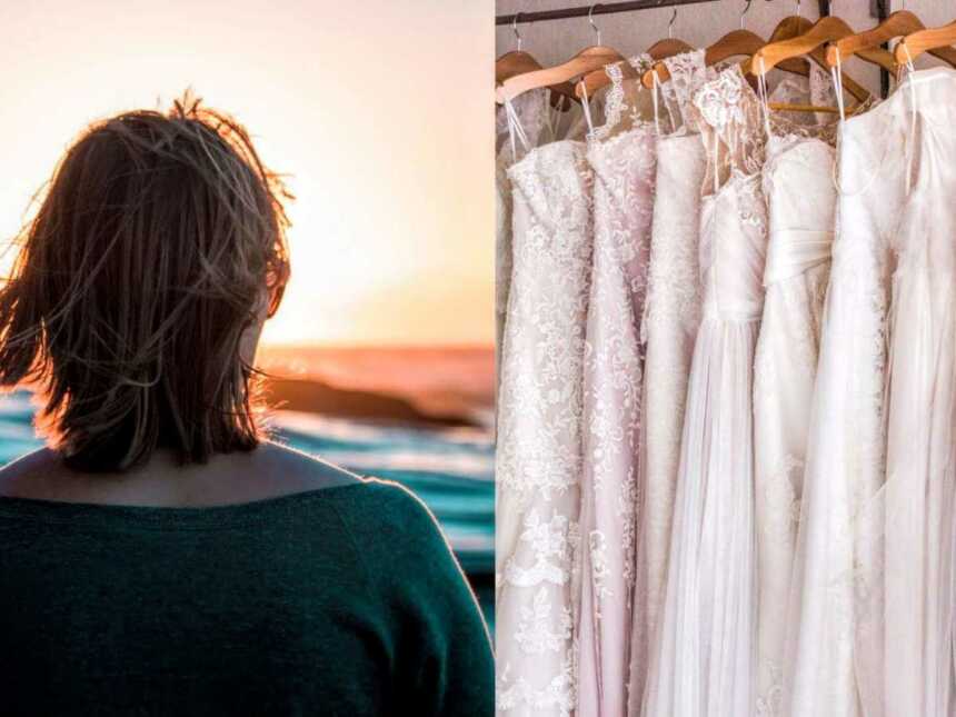 woman with short hair next to a rack of wedding dresses