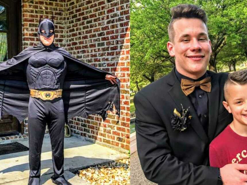 big brother dresses up to pick up little brother from bus to bond