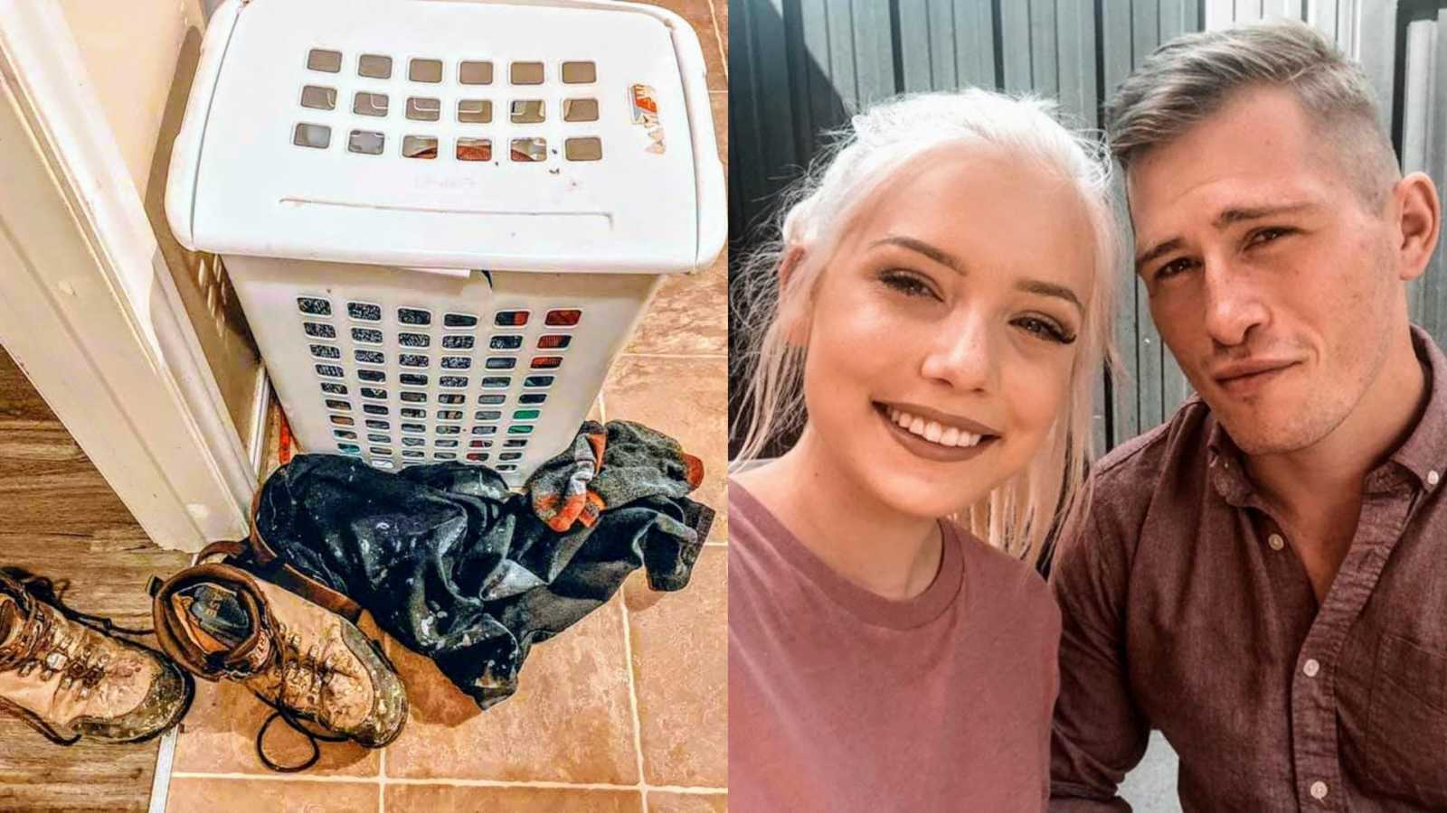 Left: dirty clothes on floor, Right: husband and wife in selfie