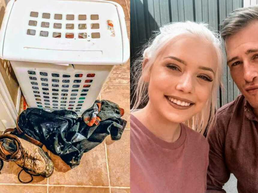 Left: dirty clothes on floor, Right: husband and wife in selfie
