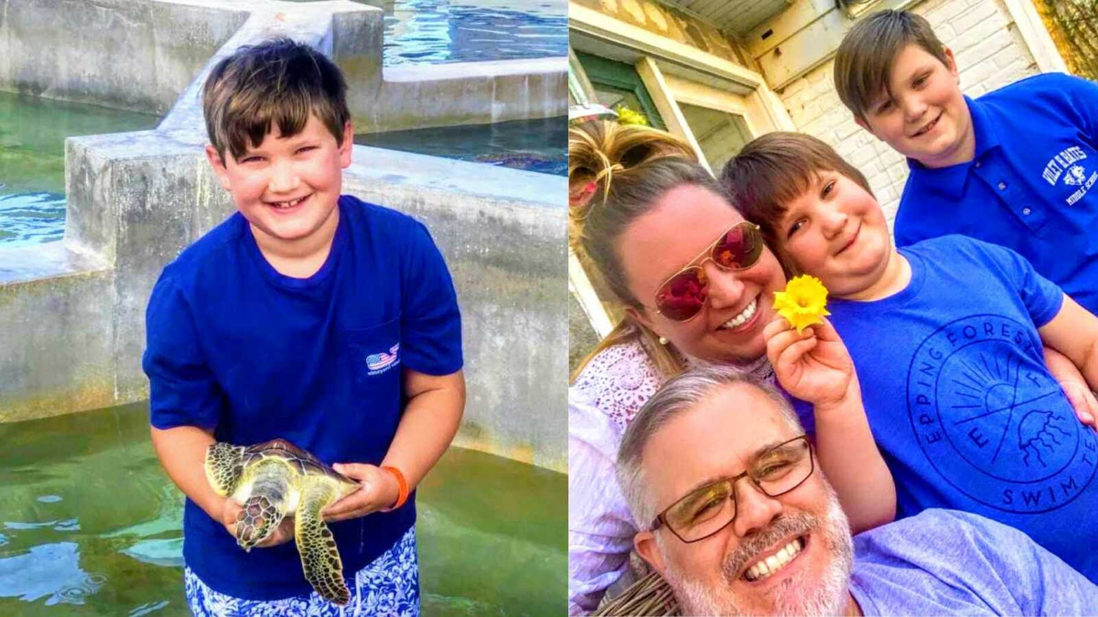 autistic boy holding turtle and smiling with family