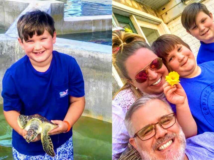 autistic boy holding turtle and smiling with family