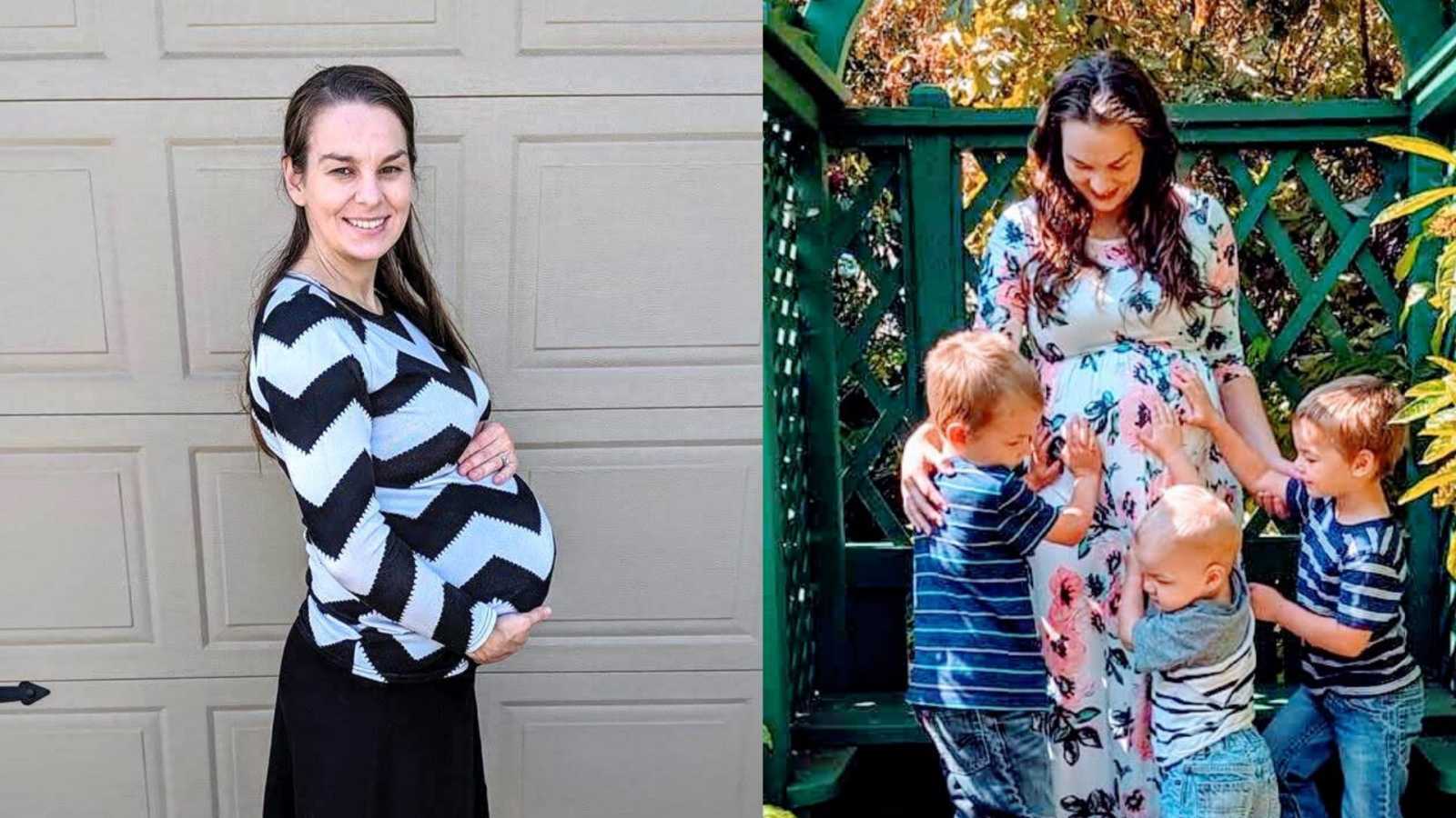 Pregnant woman in black and white striped shirt holding belly