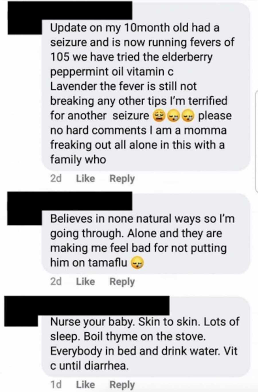 screenshot of Facebook comments in mom anti-vax group