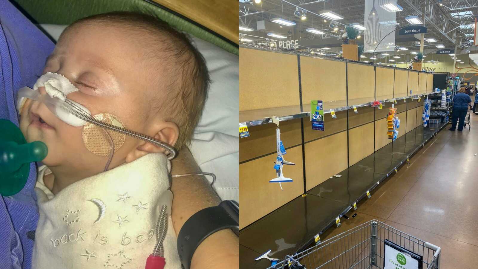 sick baby with oxygen tube and empty store shelves