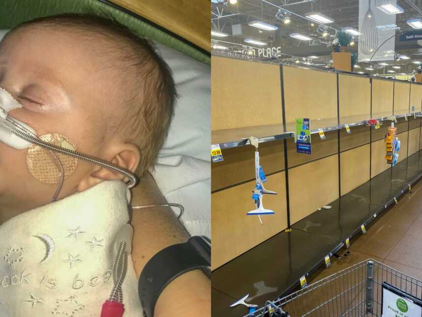 sick baby with oxygen tube and empty store shelves