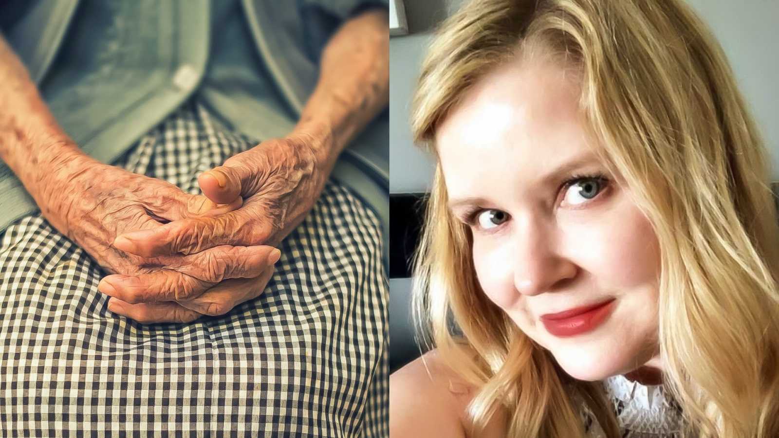 daughter smiling in selfie and mom with alzheimer's hands