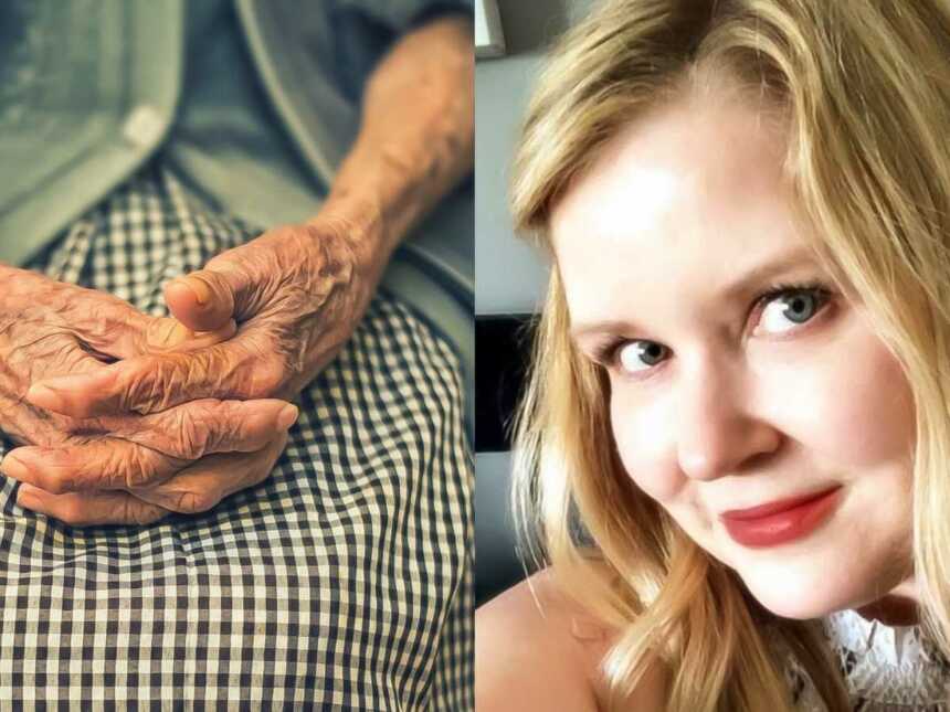 daughter smiling in selfie and mom with alzheimer's hands