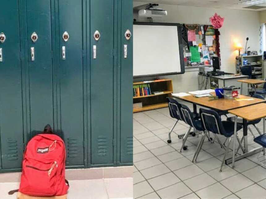 backpack by lockers and classroom desks