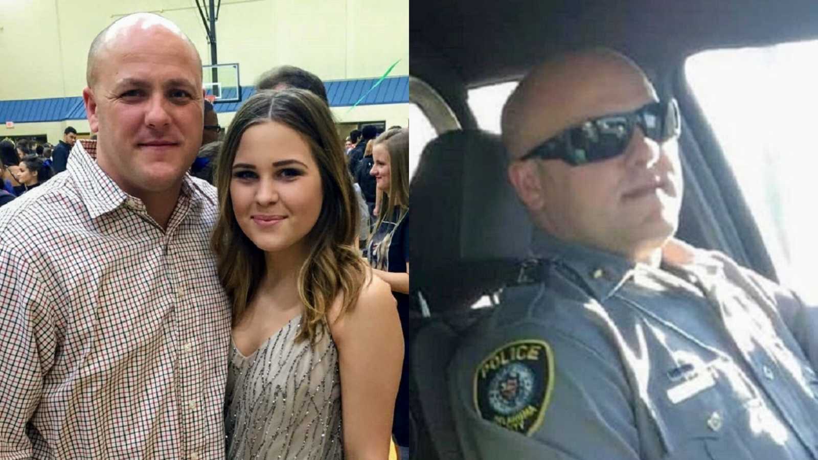 girl stands with police officer father