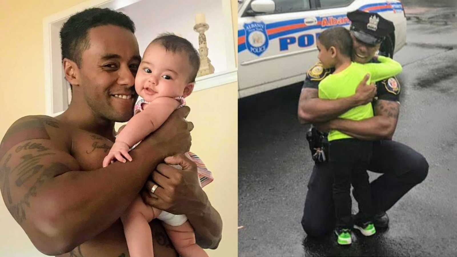 Police officer embracing child