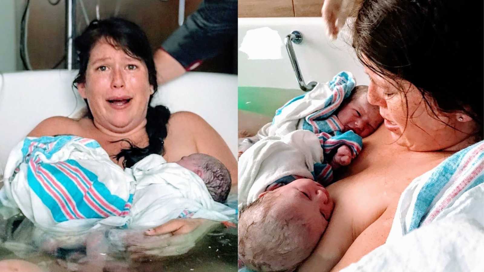 Surprised mom in water birth tub holding newborn twins