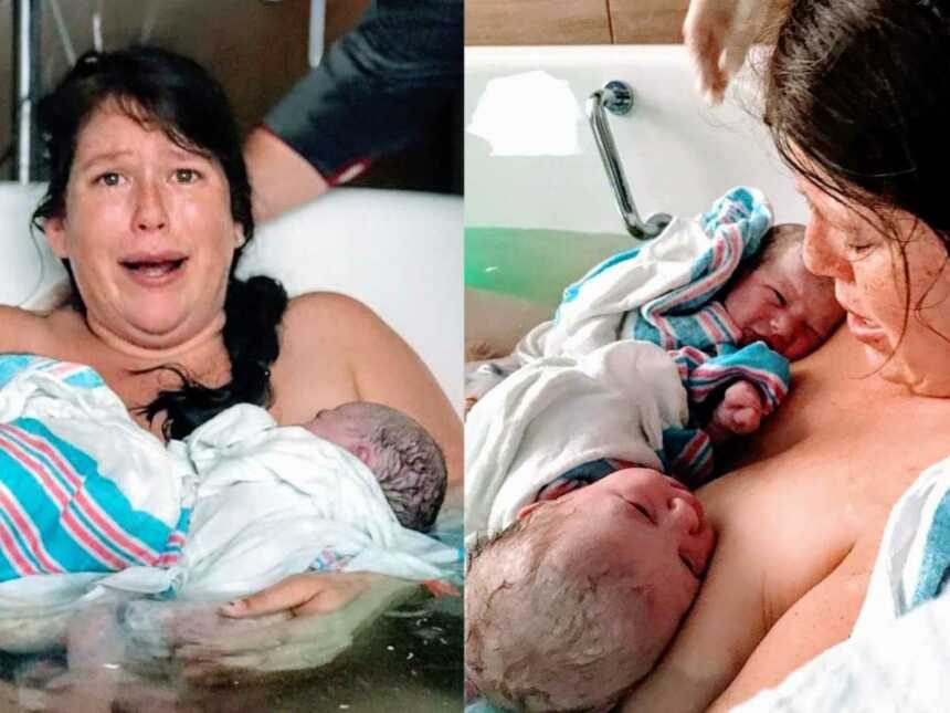Surprised mom in water birth tub holding newborn twins