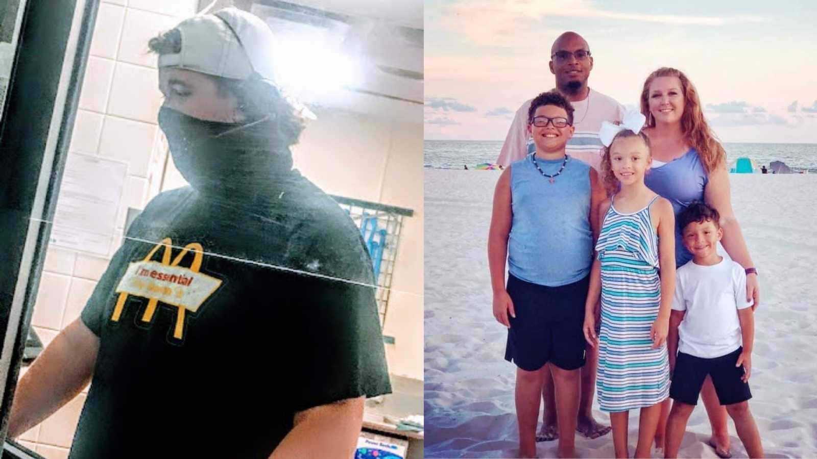 Left: mcdonalds cashier at drive through window, Right: family standing on the beach