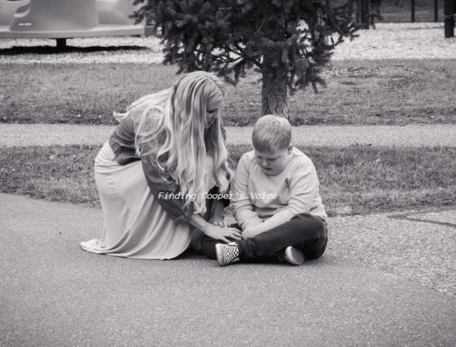 black and white photo of mom with son and the text "Finding Cooper's Voice"