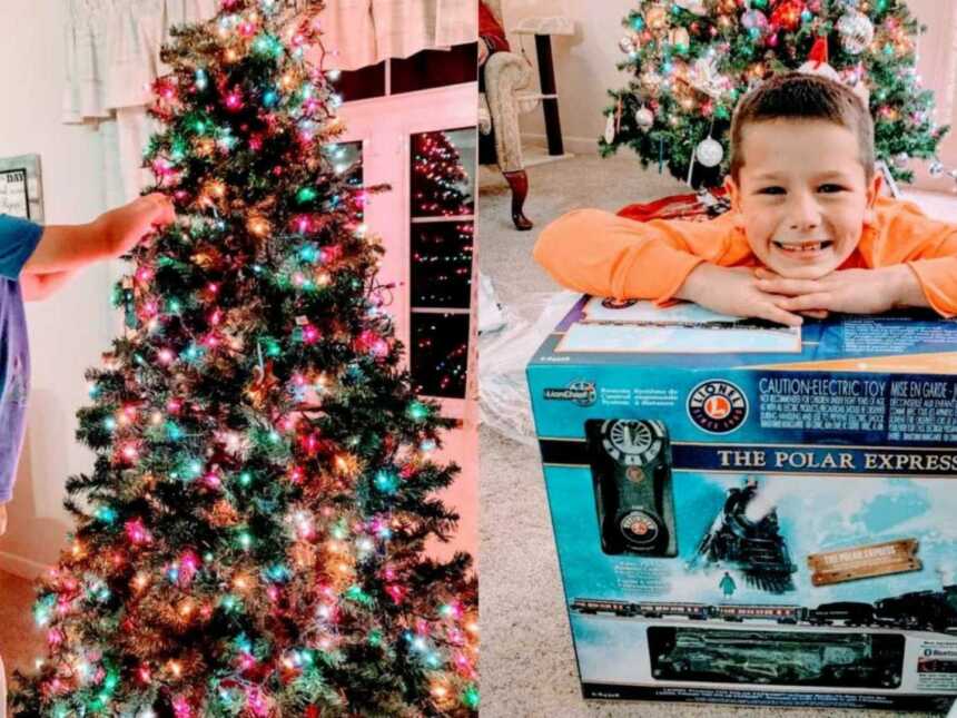 Little boy helping put ornaments on the lit up Christmas tree