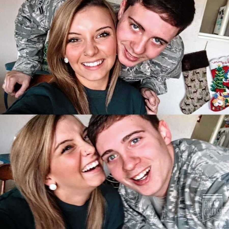 Military spouse and husband smiling in selfies