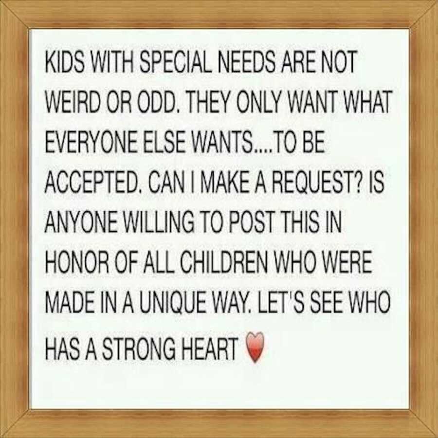 Text social media post talking about children with special needs