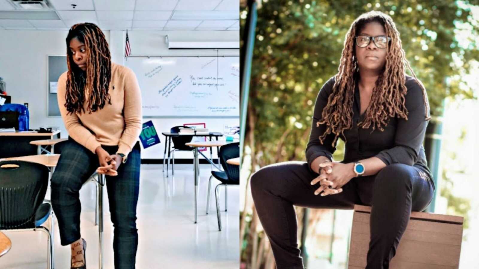 left: teacher in classroom, right: teacher sitting outside