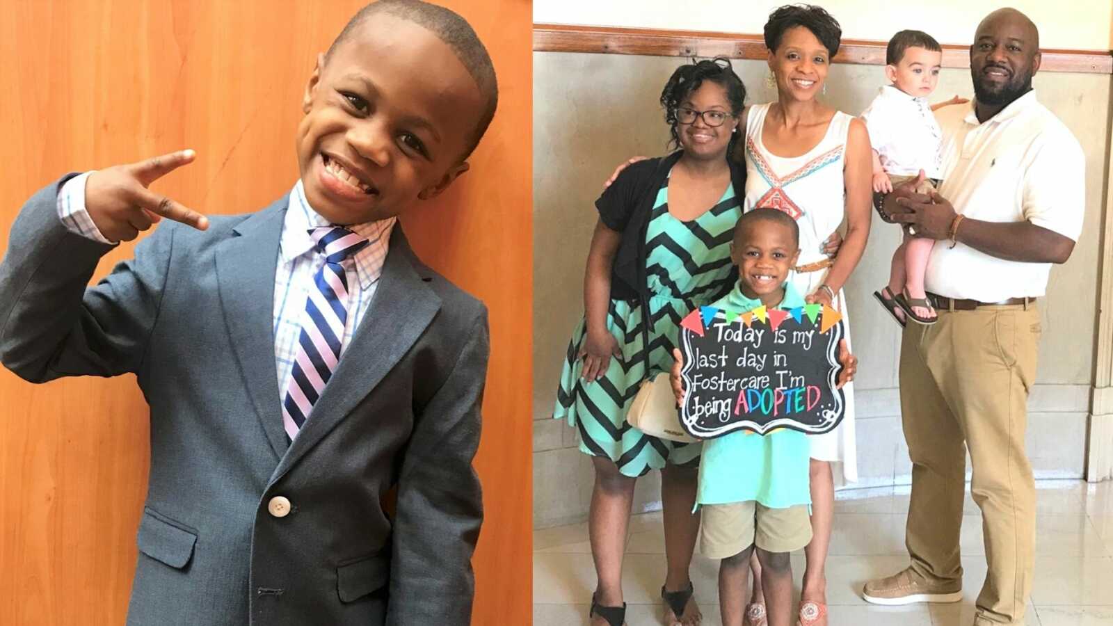 Joyous adopted little boy with his new forever family