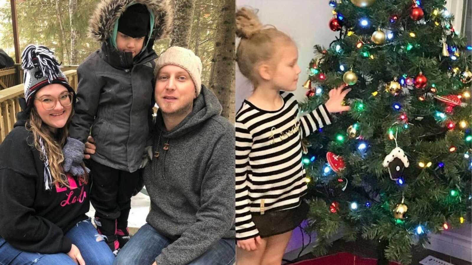 family smiles together and girl stands by Christmas tree