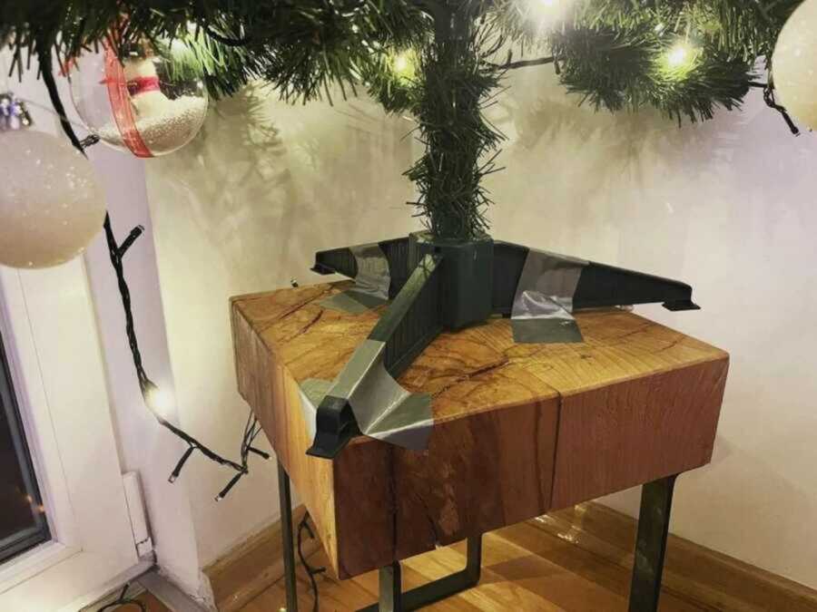 Christmas tree secured down with duct tape