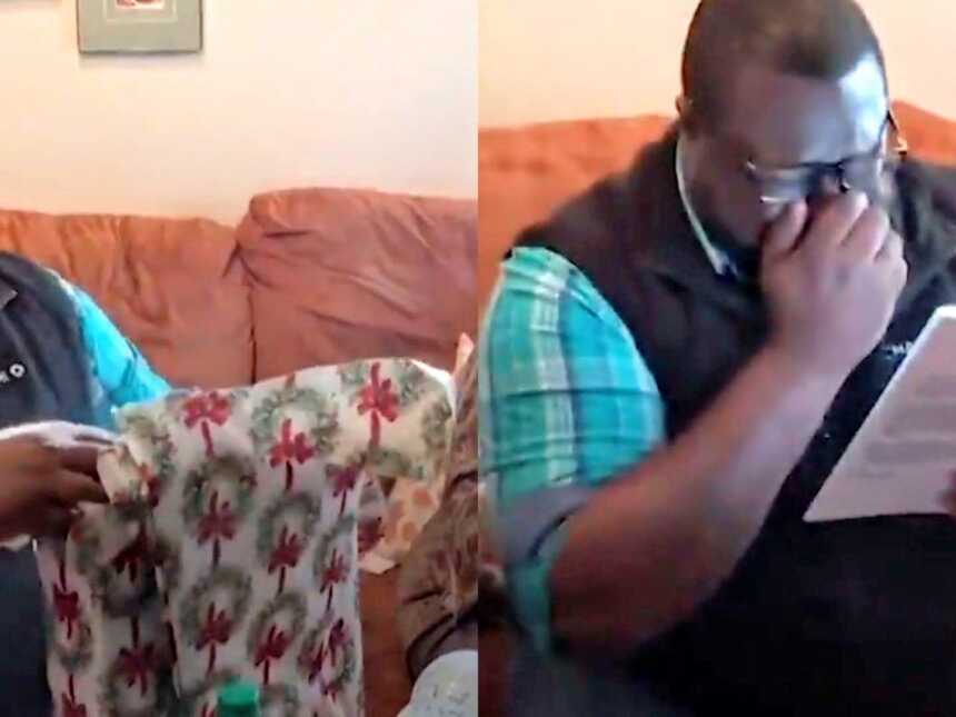Husband opens Christmas gift from wife and becomes very emotional