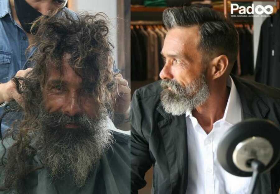 before and after of a homeless man getting a makeover 