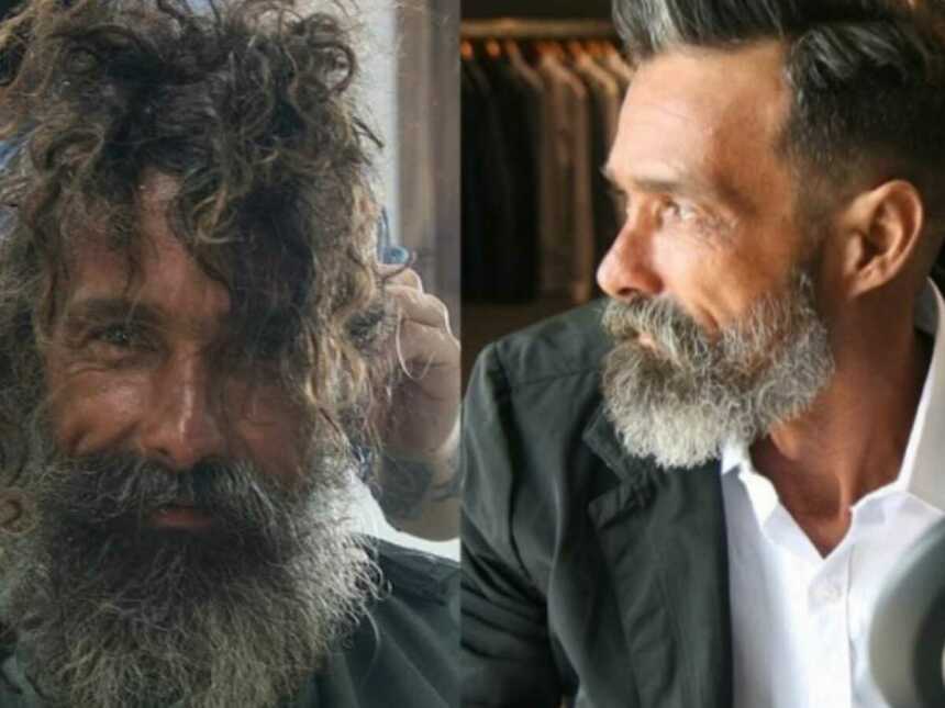 before and after of a homeless man getting a makeover