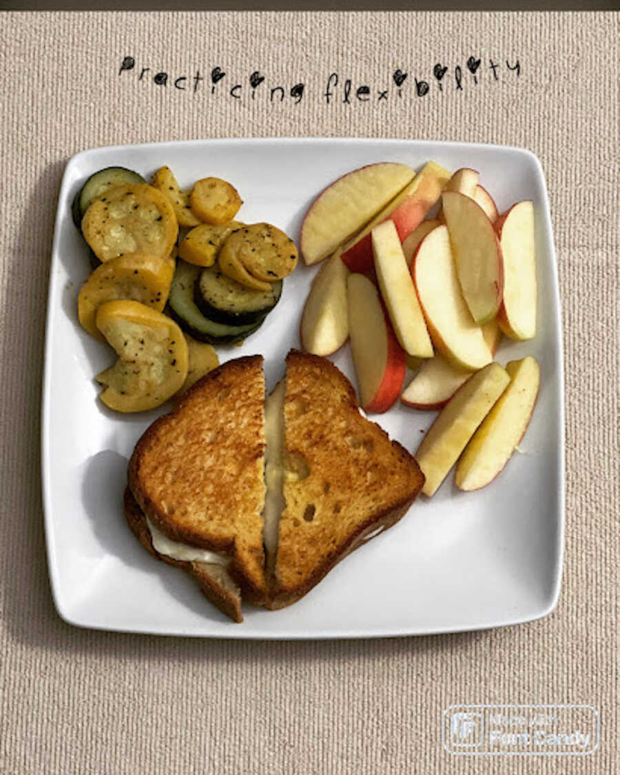plate with a balanced meal of a sandwich, fruit, and veggies