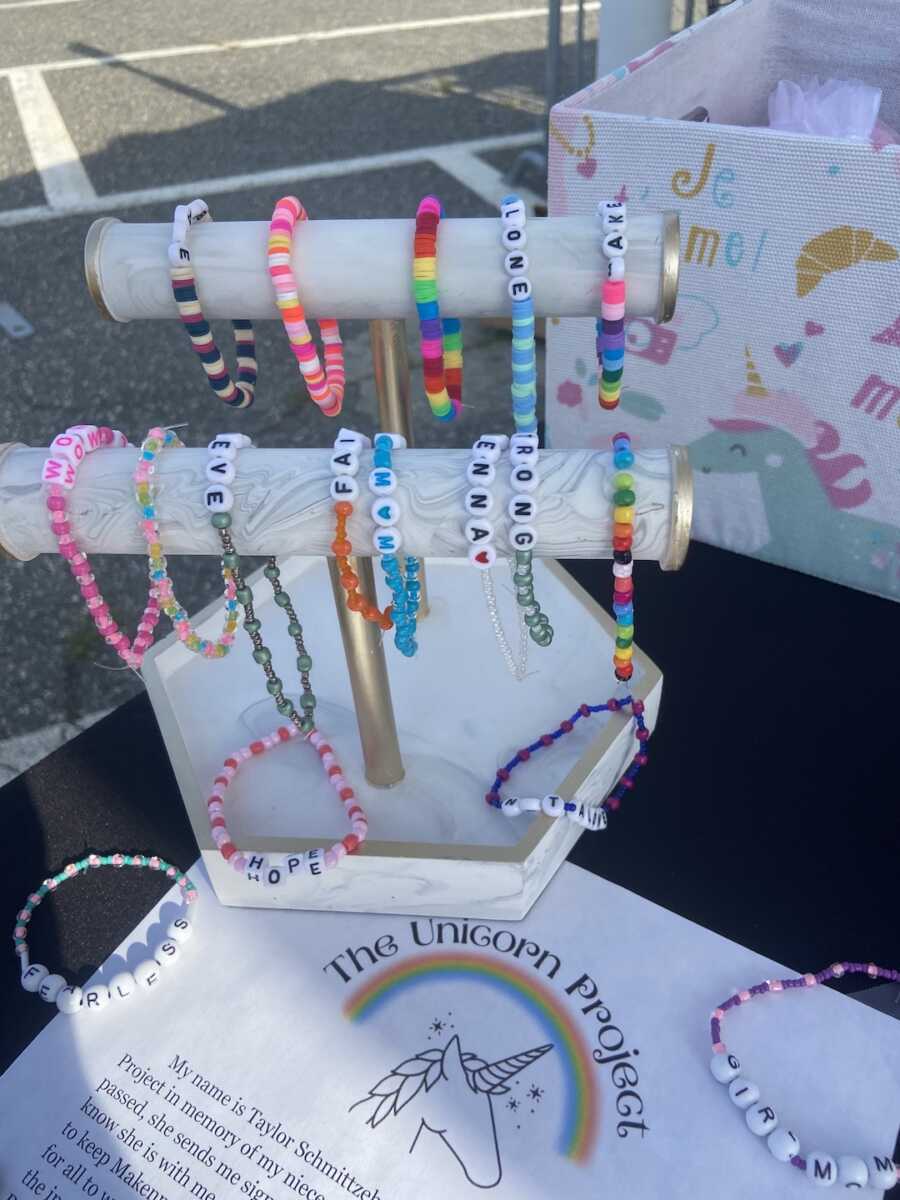bracelet display from The Unicorn Project of bracelets to support loss moms