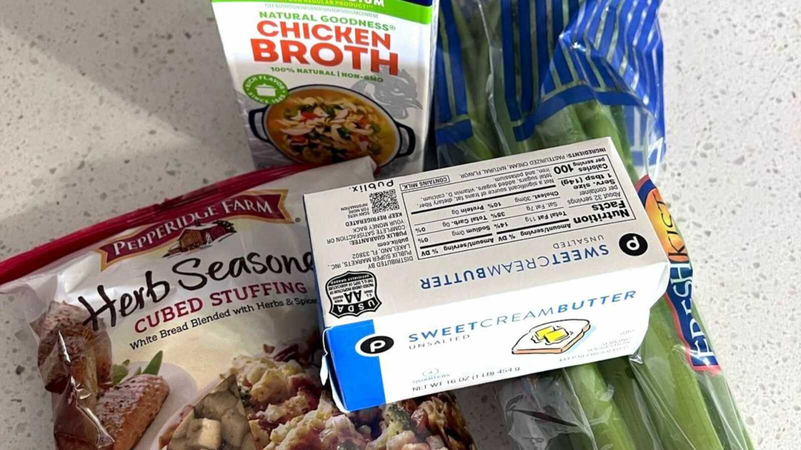 ingredients for late sister's favorite stuffing recipe laid out on counter