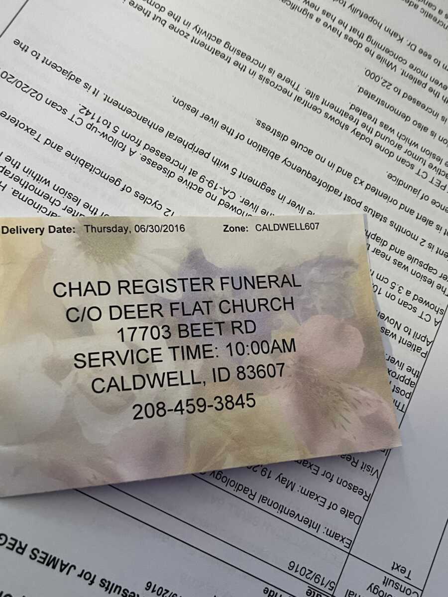 old envelope for late husbands funeral