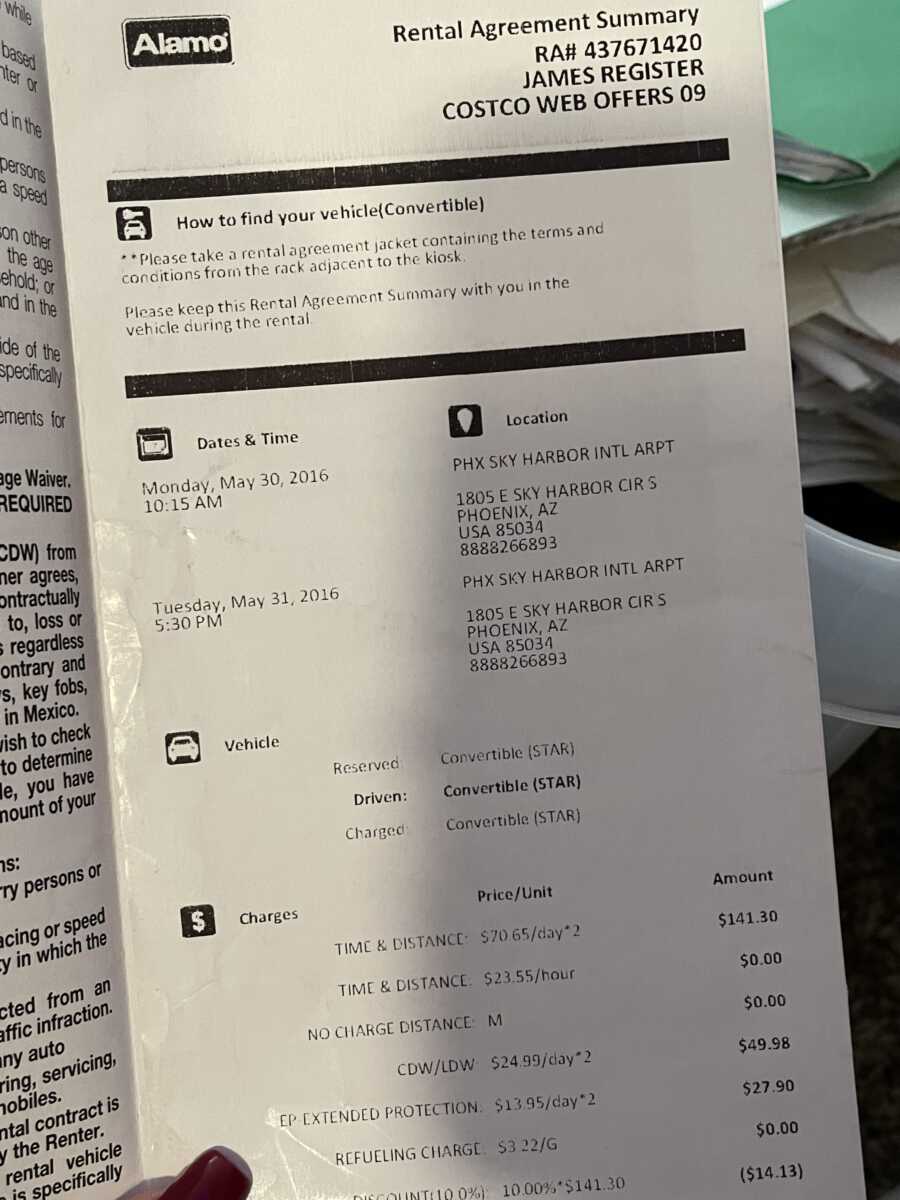 receipt for convertible vehicle that husband drove before his passing