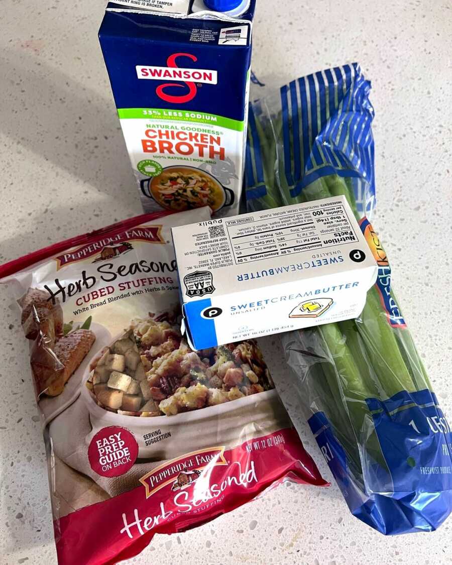 ingredients for late sister's favorite stuffing recipe laid out on counter