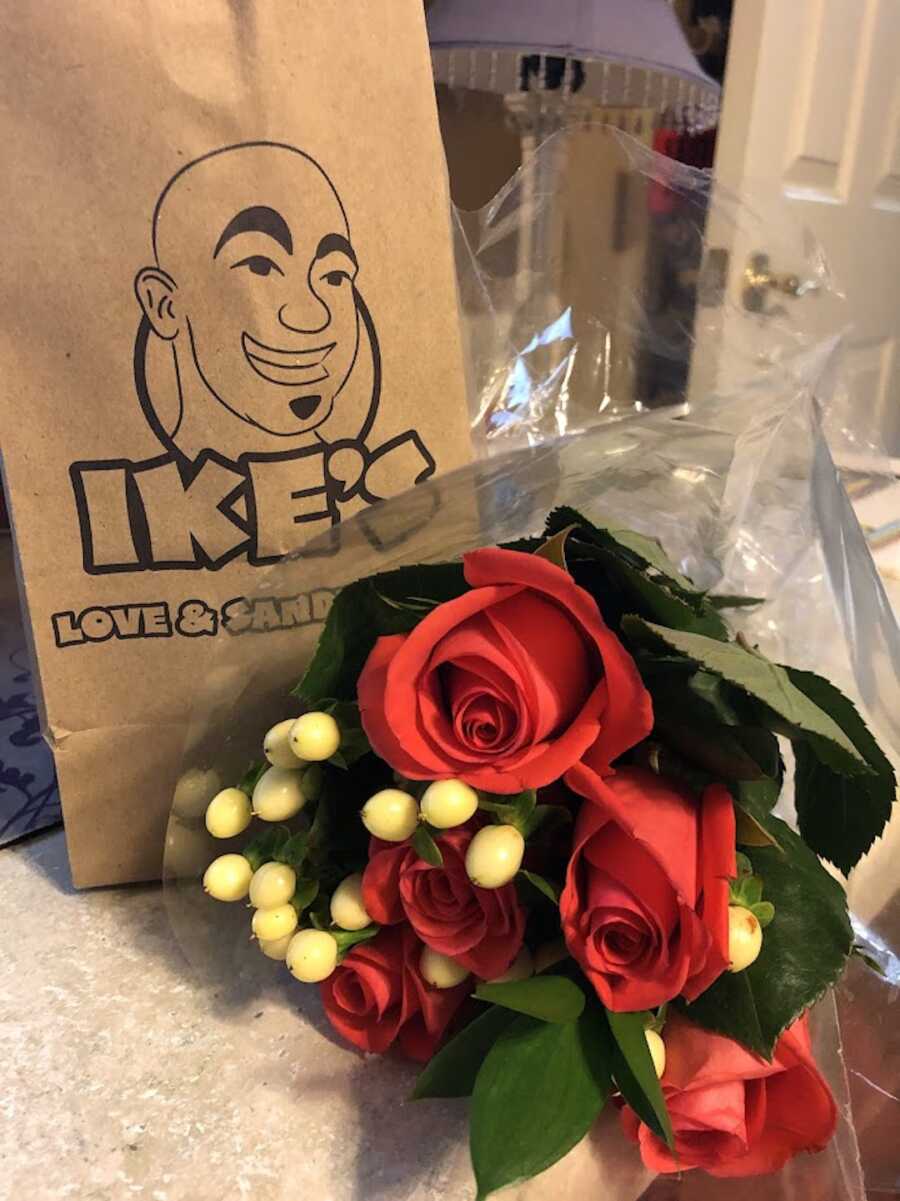 flowers and a sandwhich from Ike's to be given to a teacher