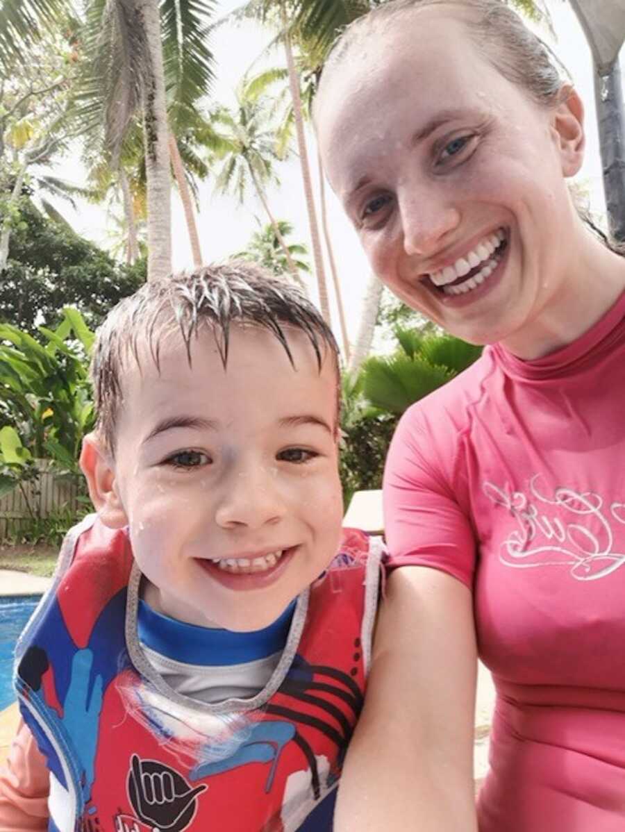 mom and son with rare form of genetic epilepsy at the pool