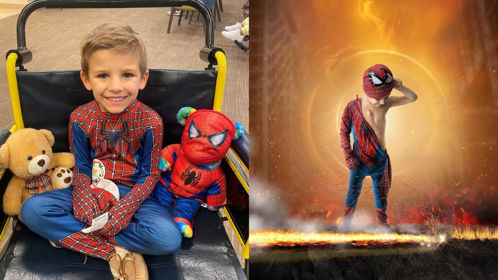 Young boy with cancer poses in Spider Man costume